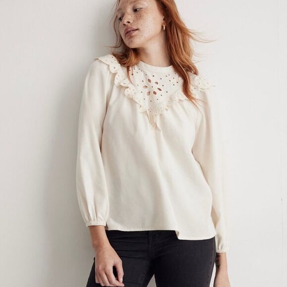 Madewell Tops - Madewell Cream Embroidered Flannel Mockneck Top Size‎ Small